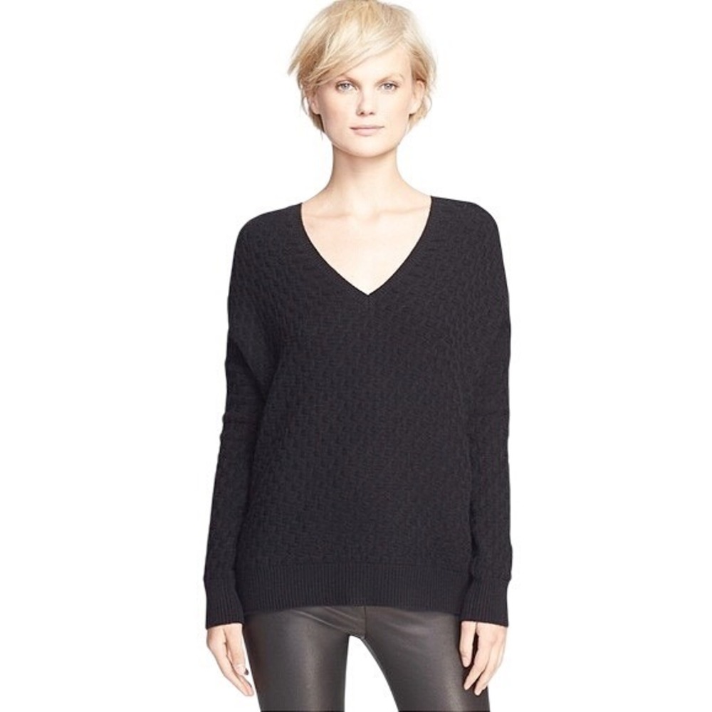 Vince Brick Textured V-Neck Cashmere Wool Black Sweater Relaxed XS